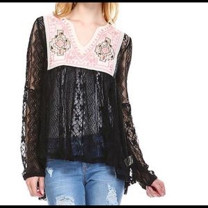 NWT Listicle Black Lace Embroidered Notch Neck
